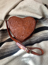 Hand tooled blue AMADA from Chicana leather luxury designer in heart shaped leather in Cognac